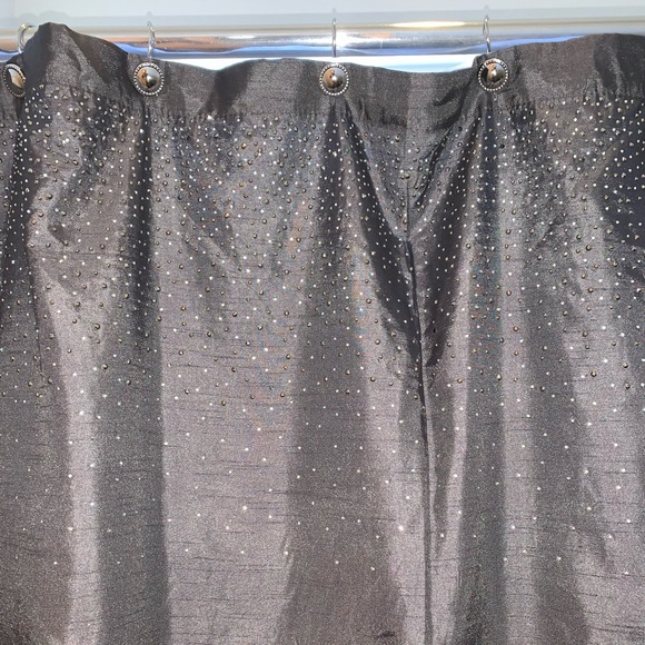 Glittery shower curtain and hooks